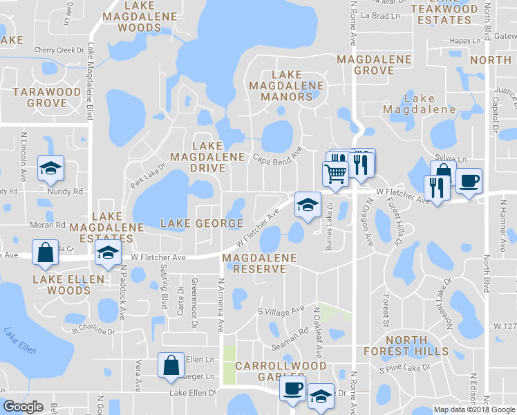map of restaurants, bars, coffee shops, grocery stores, and more near 2230 Fletchers Point Circle in Tampa
