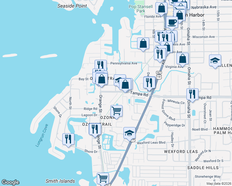 map of restaurants, bars, coffee shops, grocery stores, and more near 422 Marie Street in Palm Harbor