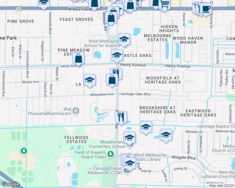 map of restaurants, bars, coffee shops, grocery stores, and more near Minton Road in West Melbourne