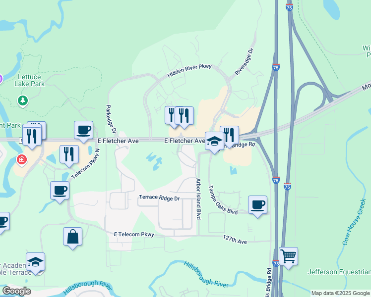 map of restaurants, bars, coffee shops, grocery stores, and more near 13210 Arbor Isle Drive in Tampa