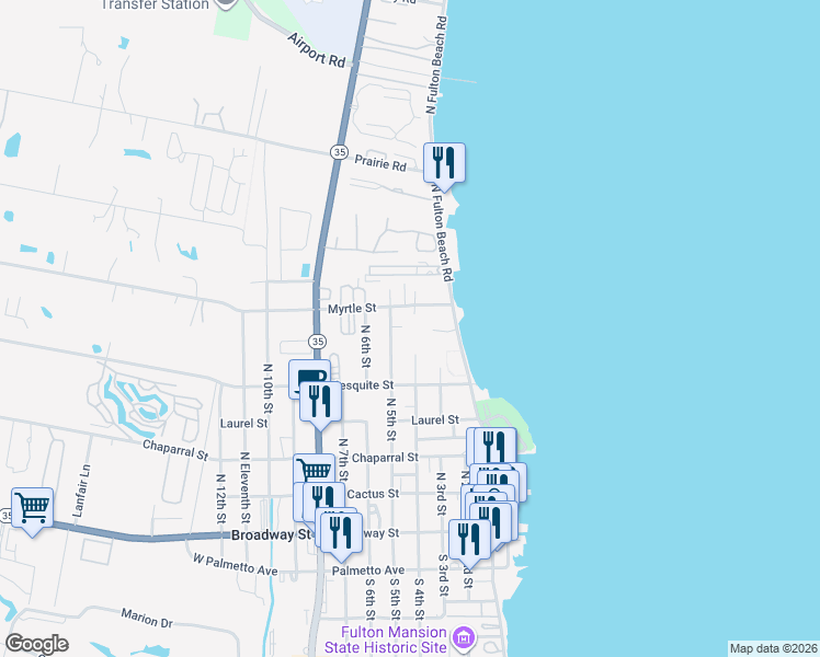 map of restaurants, bars, coffee shops, grocery stores, and more near 606 North 5th Street in Fulton