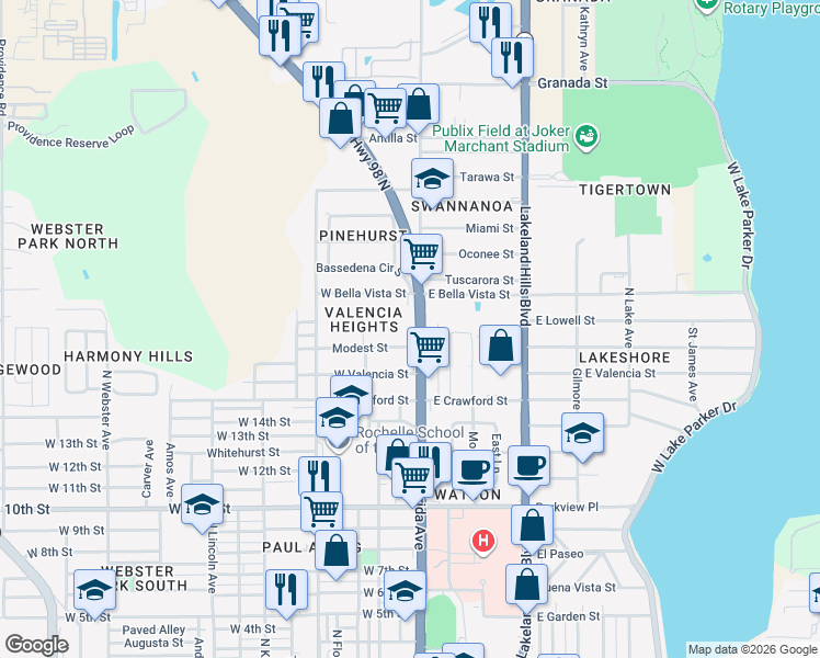 map of restaurants, bars, coffee shops, grocery stores, and more near 1700 North Florida Avenue in Lakeland
