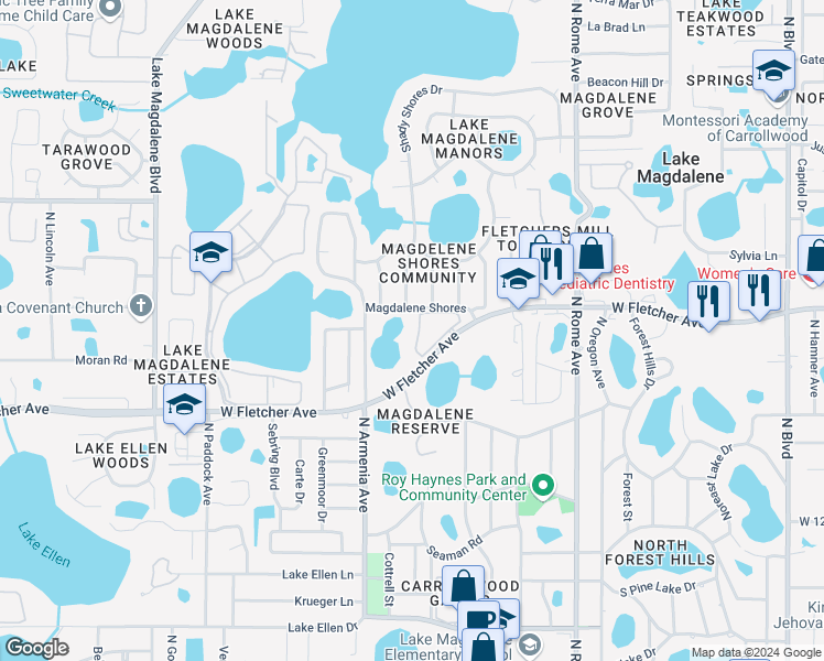 map of restaurants, bars, coffee shops, grocery stores, and more near 2229 Fletchers Point Circle in Tampa