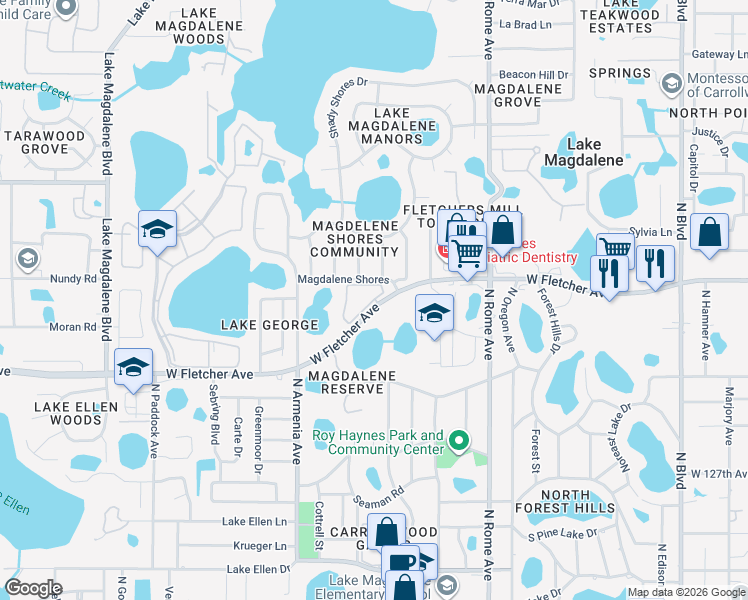 map of restaurants, bars, coffee shops, grocery stores, and more near 2100 Fletchers Point Circle in Tampa