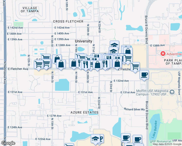 map of restaurants, bars, coffee shops, grocery stores, and more near 13147 North 20th Street in Tampa