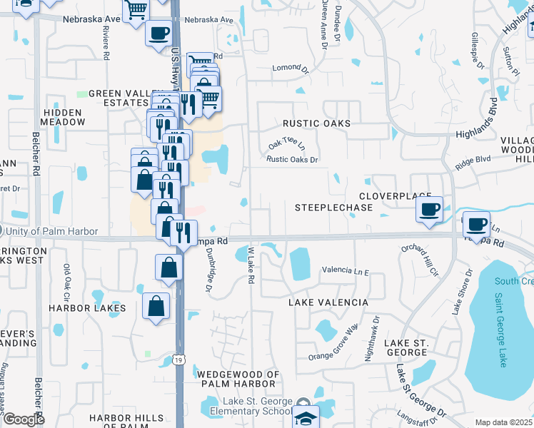 map of restaurants, bars, coffee shops, grocery stores, and more near 2707 Tampa Road in Palm Harbor