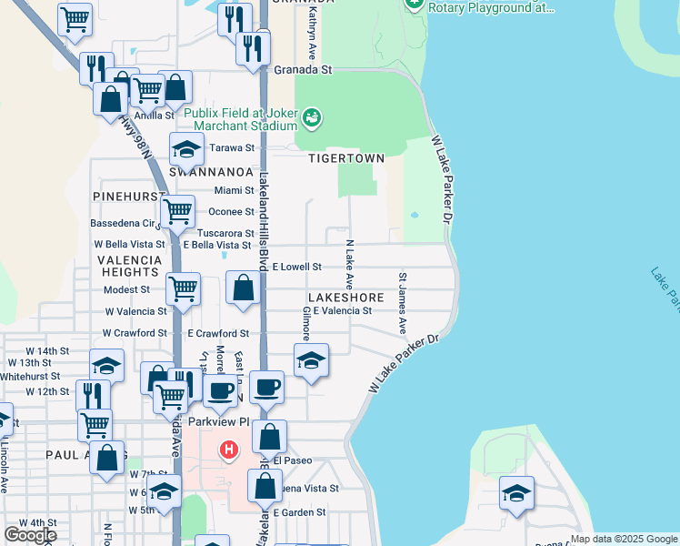 map of restaurants, bars, coffee shops, grocery stores, and more near 748 Lakehurst Street in Lakeland