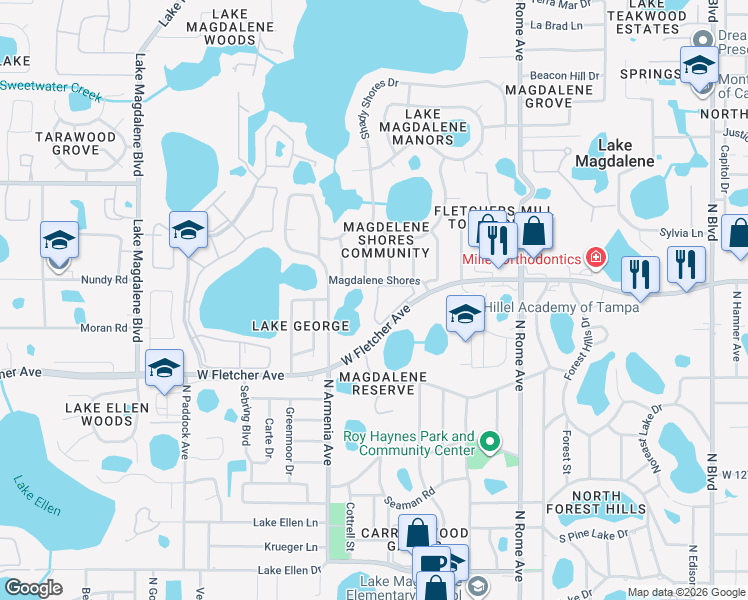 map of restaurants, bars, coffee shops, grocery stores, and more near 2304 Fletchers Point Circle in Tampa