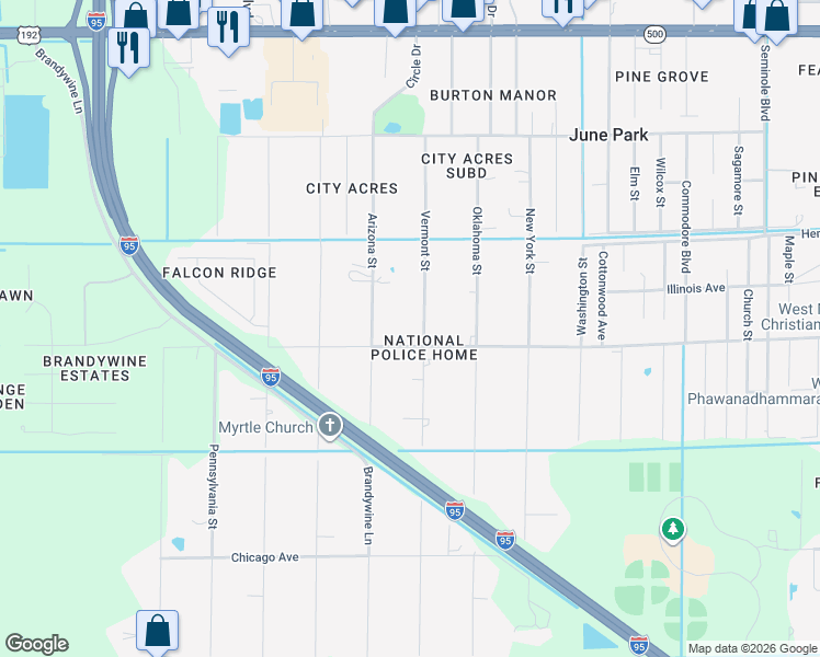 map of restaurants, bars, coffee shops, grocery stores, and more near 2490 Vermont Street in Melbourne