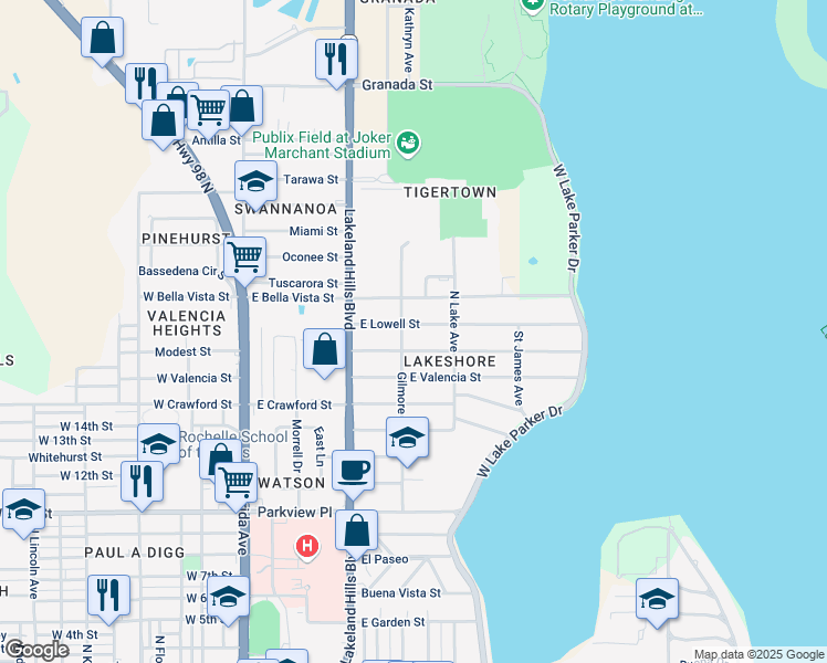map of restaurants, bars, coffee shops, grocery stores, and more near 709 East Lowell Street in Lakeland