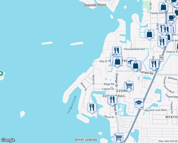 map of restaurants, bars, coffee shops, grocery stores, and more near 302 Shore Drive in Palm Harbor