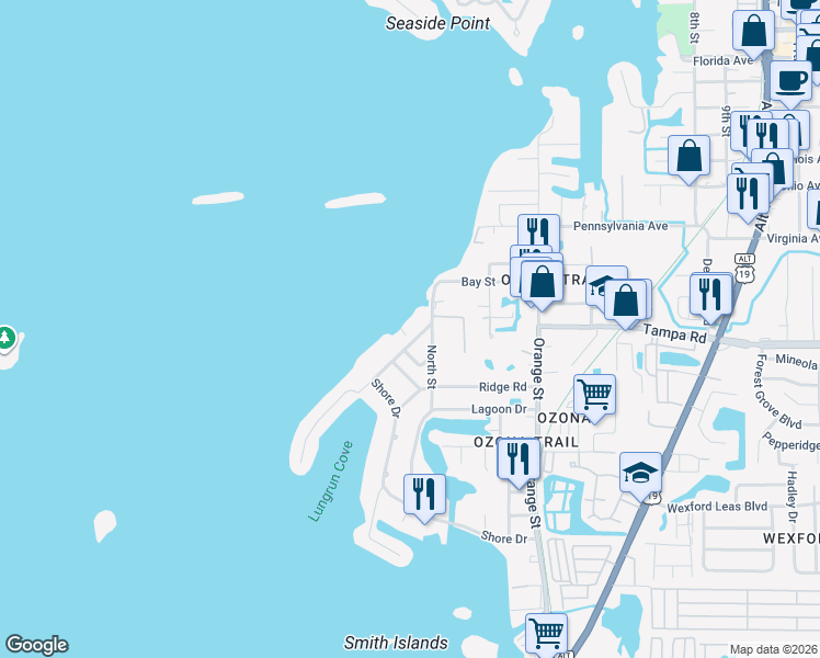 map of restaurants, bars, coffee shops, grocery stores, and more near 302 Shore Drive in Palm Harbor