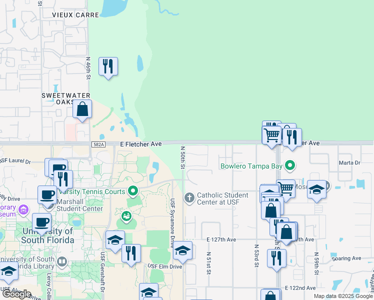 map of restaurants, bars, coffee shops, grocery stores, and more near 13460 South Village Circle in Tampa