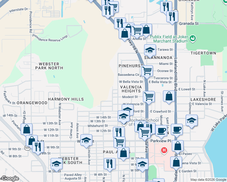 map of restaurants, bars, coffee shops, grocery stores, and more near 1704 Martin L King Junior Avenue in Lakeland