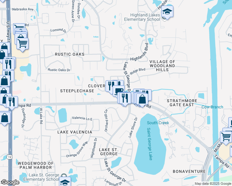 map of restaurants, bars, coffee shops, grocery stores, and more near 3284 Cloverplace Drive in Palm Harbor