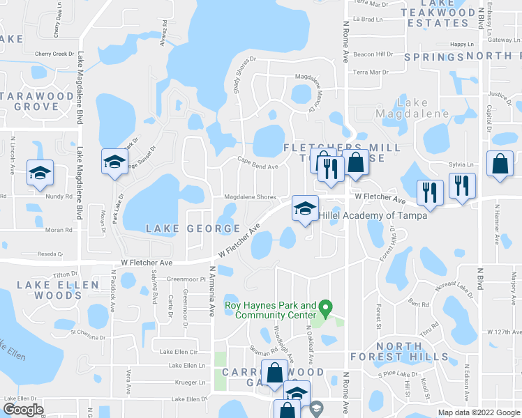 map of restaurants, bars, coffee shops, grocery stores, and more near 2350 Fletchers Point Circle in Tampa