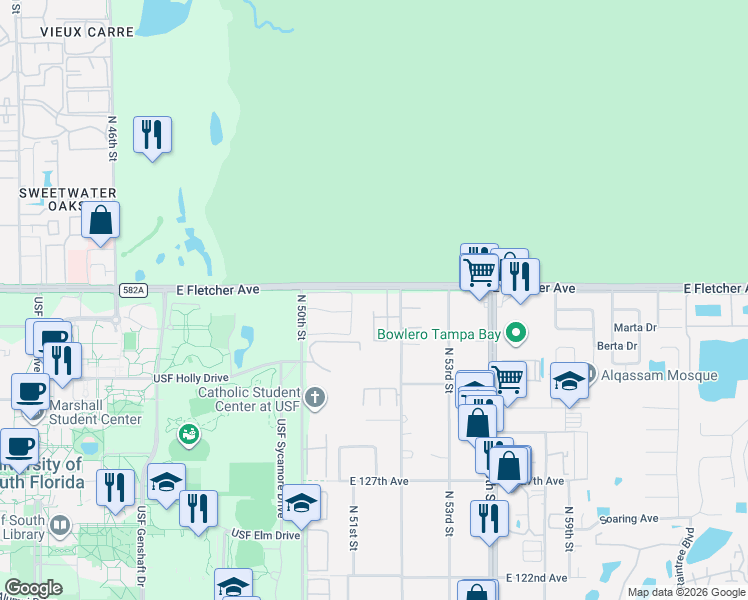 map of restaurants, bars, coffee shops, grocery stores, and more near 13430 South Village Circle in Tampa
