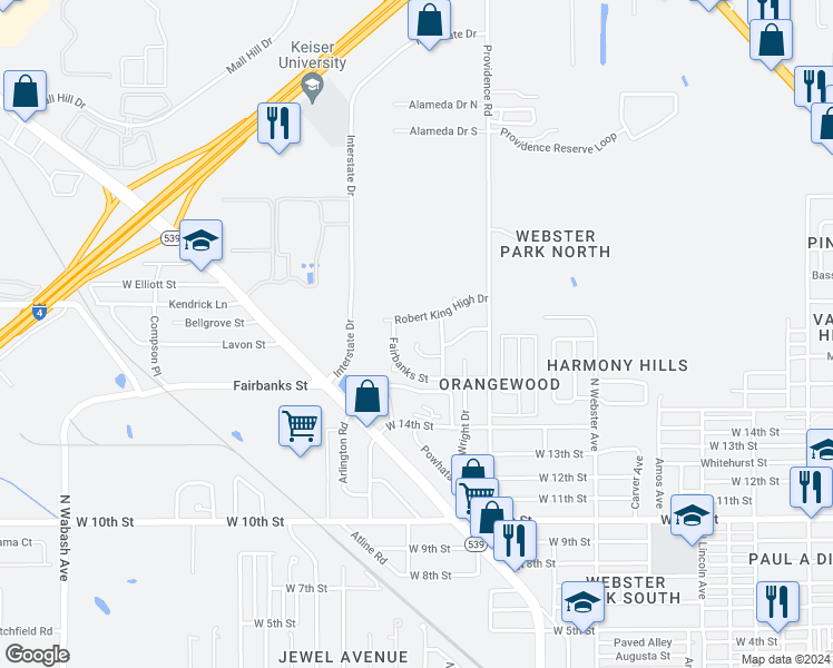 map of restaurants, bars, coffee shops, grocery stores, and more near 1345 Scott Circle in Lakeland