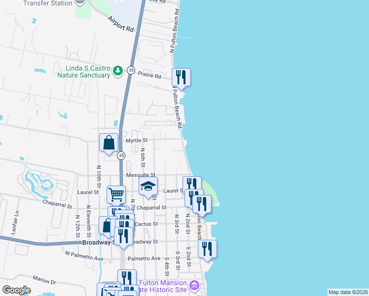 map of restaurants, bars, coffee shops, grocery stores, and more near 515 North 3rd Street in Fulton