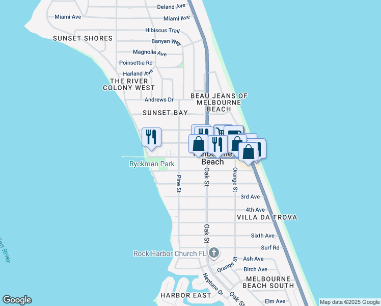 map of restaurants, bars, coffee shops, grocery stores, and more near 413 Ocean Avenue in Melbourne Beach