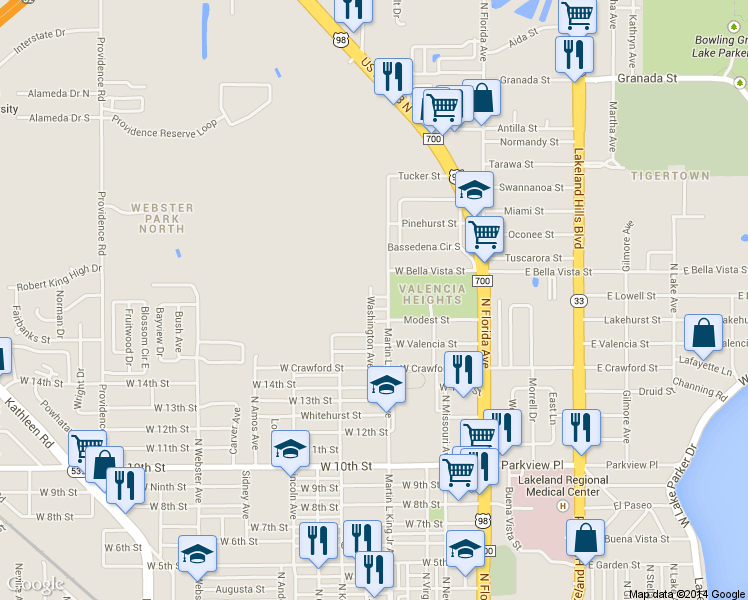 map of restaurants, bars, coffee shops, grocery stores, and more near 1704 Martin L King Junior Avenue in Lakeland