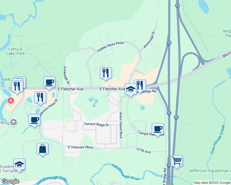 map of restaurants, bars, coffee shops, grocery stores, and more near 8513 Island Breeze Lane in Temple Terrace