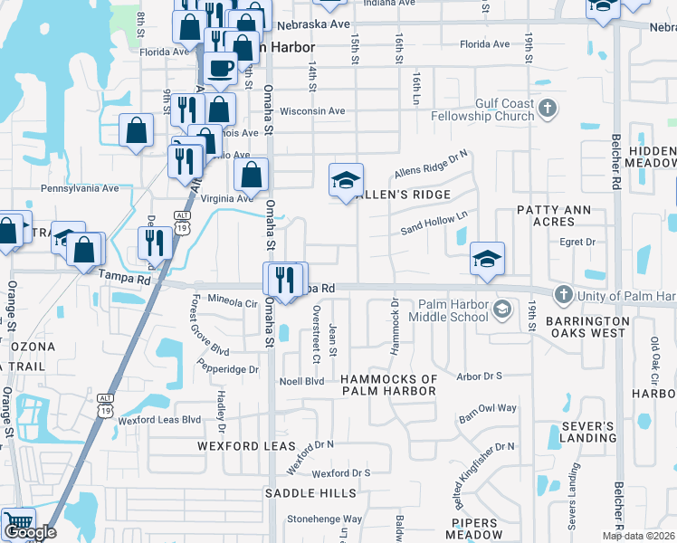 map of restaurants, bars, coffee shops, grocery stores, and more near 1444 Tampa Road in Palm Harbor