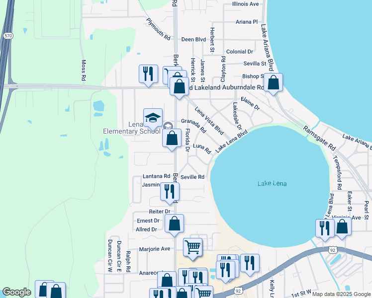 map of restaurants, bars, coffee shops, grocery stores, and more near 110 Luna Road in Auburndale