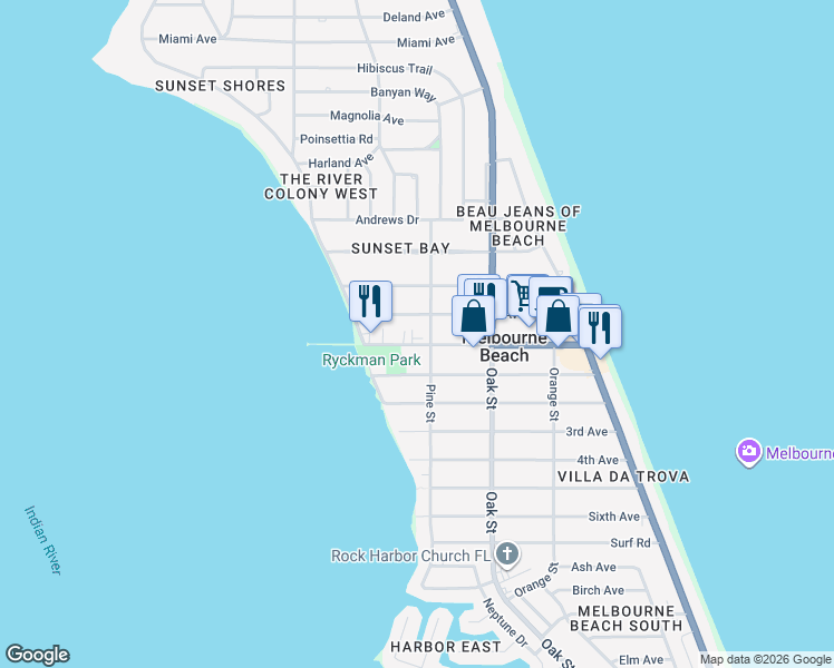 map of restaurants, bars, coffee shops, grocery stores, and more near 504 Ocean Avenue in Melbourne Beach