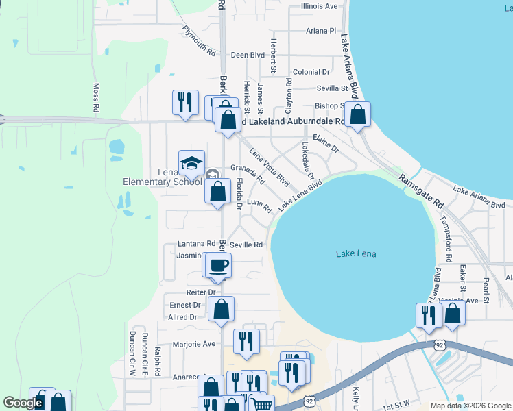 map of restaurants, bars, coffee shops, grocery stores, and more near 213 Florida Drive in Auburndale