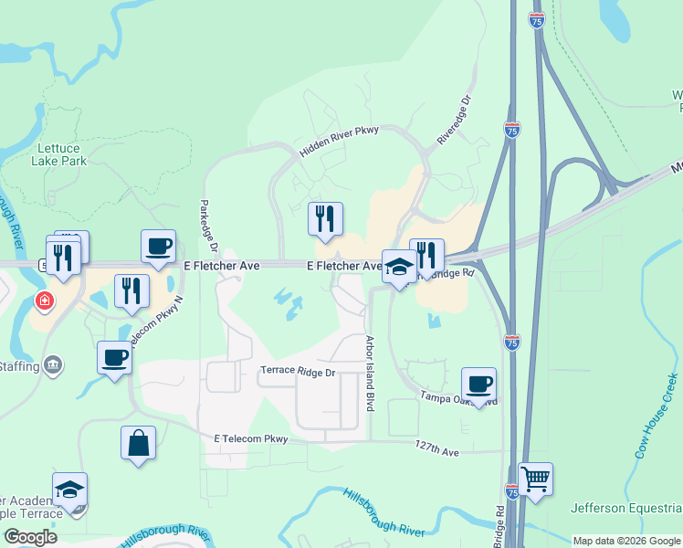 map of restaurants, bars, coffee shops, grocery stores, and more near 13565 Cypress Glen Lane in Tampa