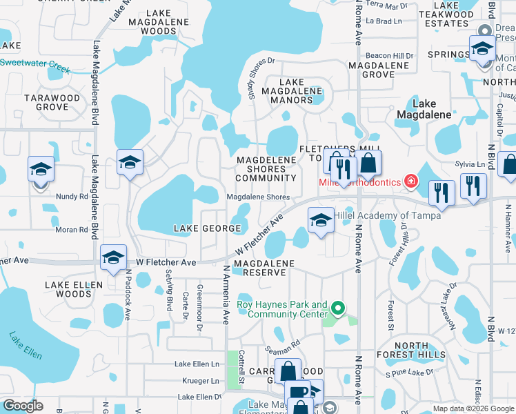 map of restaurants, bars, coffee shops, grocery stores, and more near 13501 Shady Shores Drive in Tampa