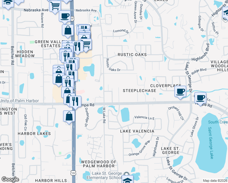 map of restaurants, bars, coffee shops, grocery stores, and more near 208 Saint Ives Drive in Palm Harbor