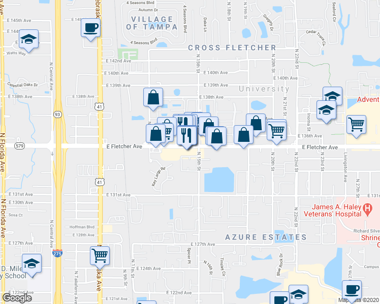 map of restaurants, bars, coffee shops, grocery stores, and more near 1430 East Fletcher Avenue in Tampa