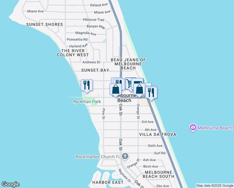 map of restaurants, bars, coffee shops, grocery stores, and more near 904 Oak Street in Melbourne Beach