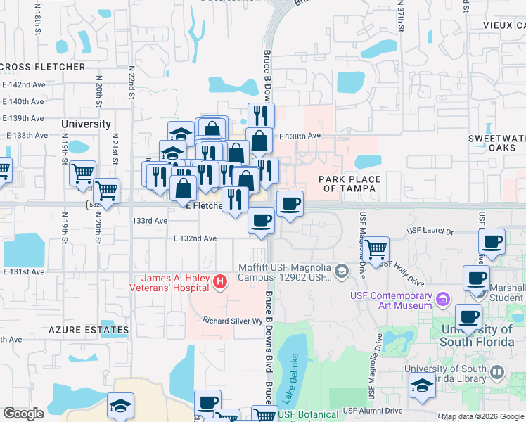 map of restaurants, bars, coffee shops, grocery stores, and more near 13430 Bruce B Downs Boulevard in Tampa