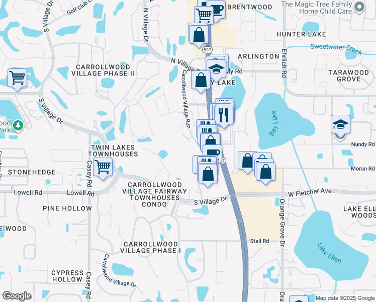 map of restaurants, bars, coffee shops, grocery stores, and more near 13618 Greenfield Drive in Tampa
