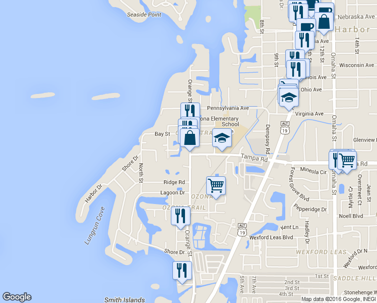 map of restaurants, bars, coffee shops, grocery stores, and more near  in Palm Harbor