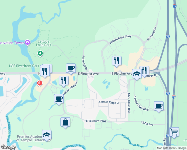 map of restaurants, bars, coffee shops, grocery stores, and more near 7320 County Road 582A in Tampa