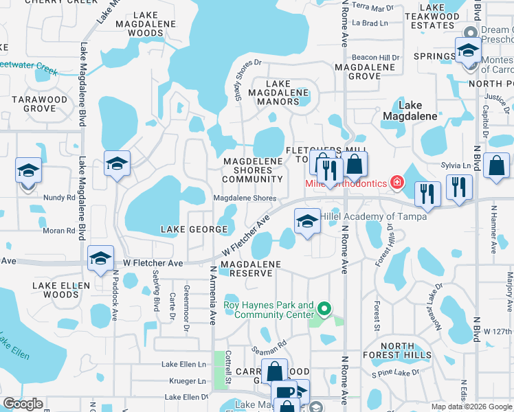 map of restaurants, bars, coffee shops, grocery stores, and more near 13501 Shady Shores Drive in Tampa