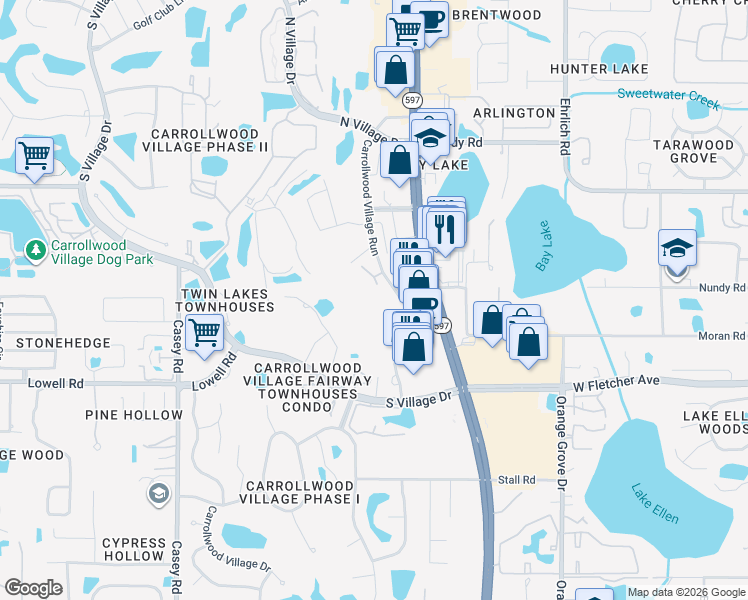 map of restaurants, bars, coffee shops, grocery stores, and more near 13618 Greenfield Drive in Tampa