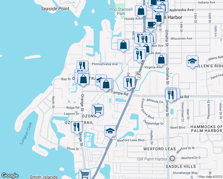 map of restaurants, bars, coffee shops, grocery stores, and more near 179 Margie Street in Palm Harbor
