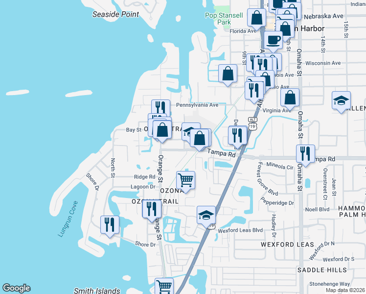 map of restaurants, bars, coffee shops, grocery stores, and more near 410 Mississippi Avenue in Palm Harbor