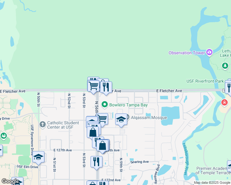 map of restaurants, bars, coffee shops, grocery stores, and more near 5807 Frontage Road in Tampa