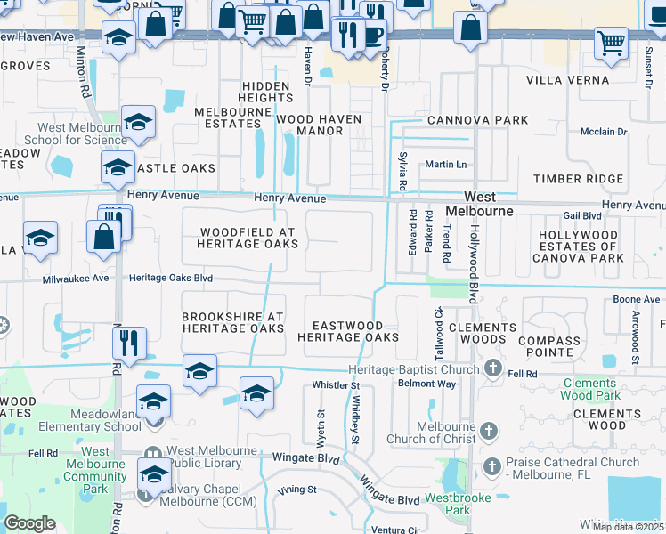 map of restaurants, bars, coffee shops, grocery stores, and more near 2354 Botanica Circle in West Melbourne
