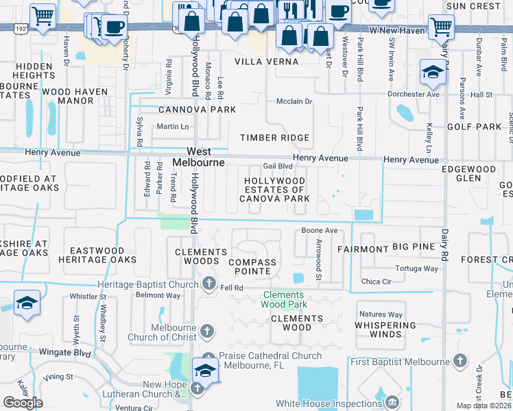 map of restaurants, bars, coffee shops, grocery stores, and more near 518 Ruth Circle in West Melbourne