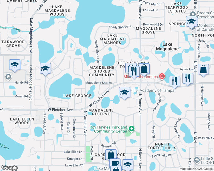 map of restaurants, bars, coffee shops, grocery stores, and more near 13502 Gibbons Pass in Tampa