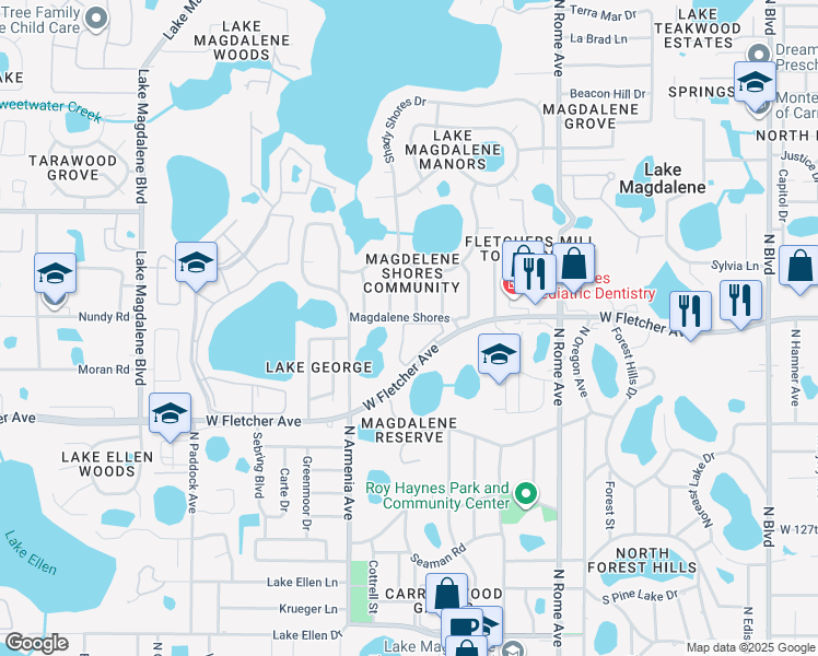 map of restaurants, bars, coffee shops, grocery stores, and more near 13501 Shady Shores Drive in Tampa