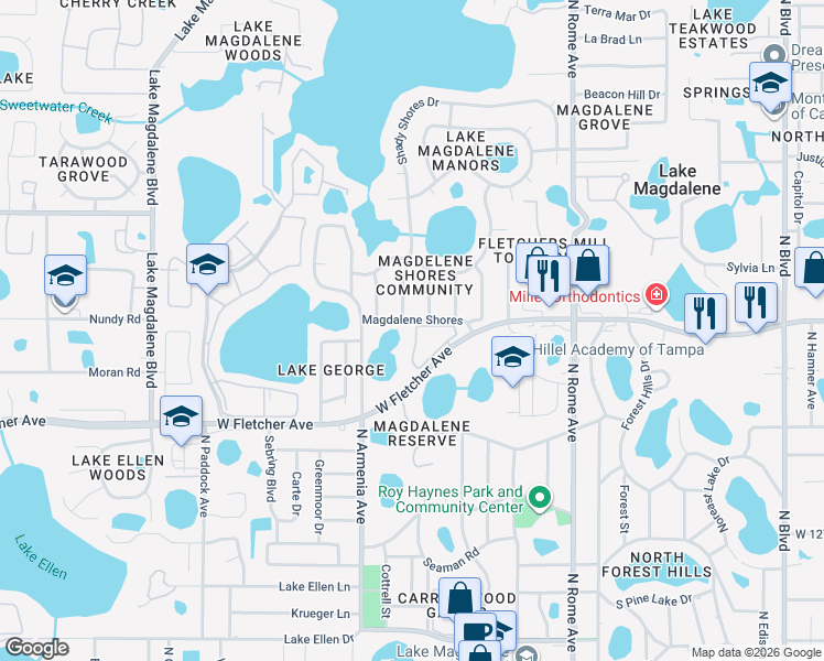 map of restaurants, bars, coffee shops, grocery stores, and more near 13501 Shady Shores Drive in Tampa
