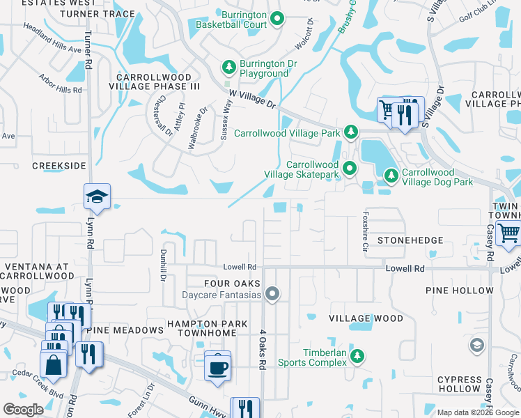 map of restaurants, bars, coffee shops, grocery stores, and more near 13060 Leverington Street in Tampa